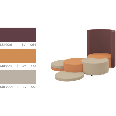 Rendering JOYN-Sitzelement und COCOON-Rückwand in Farbkombination PROTEX Orange, Beige, Aubergine