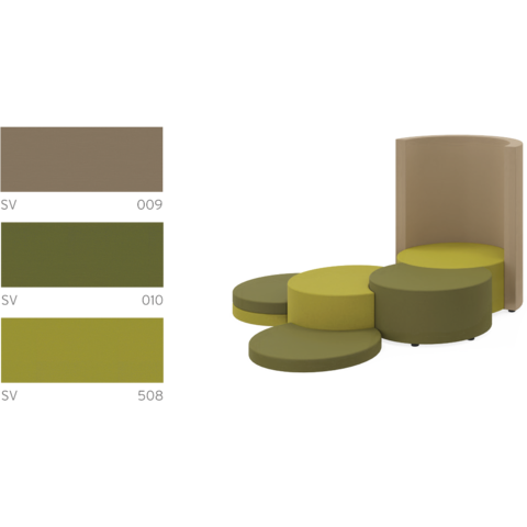 Rendering JOYN-Sitzelement und COCOON-Rückwand in Farbkombination PROTEX Hellgrün, Mittelgrün, Hellbraun